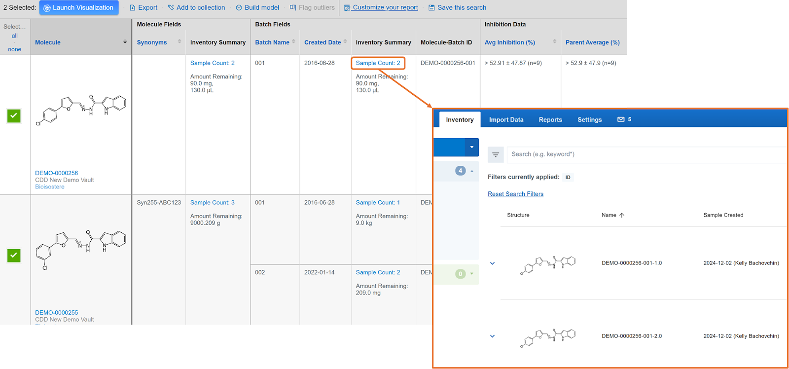 Image shows a inventory link within the search table